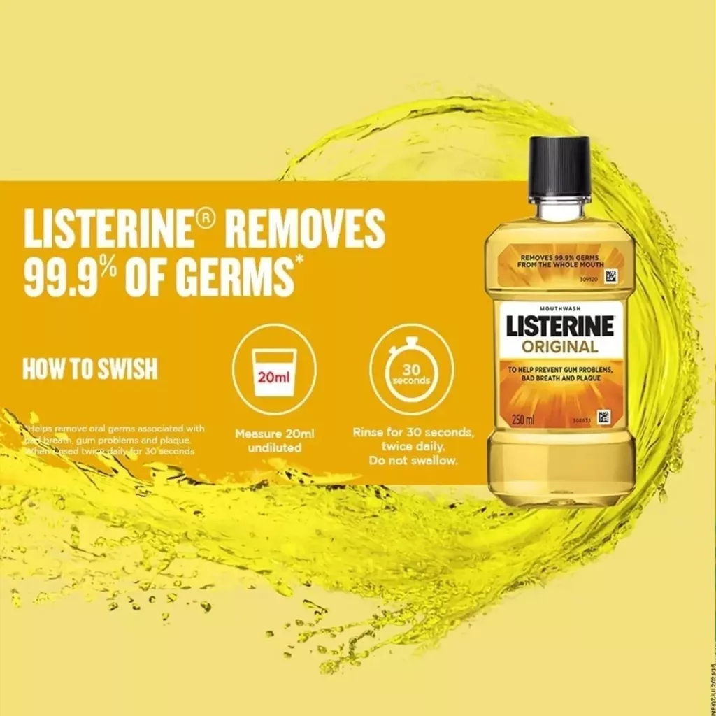 دهانشویه لیسترین ضد عفونی کننده ضد جرم و پلاک زنجبیل لیموترش بدون الکل 500میل Ginger & Lime