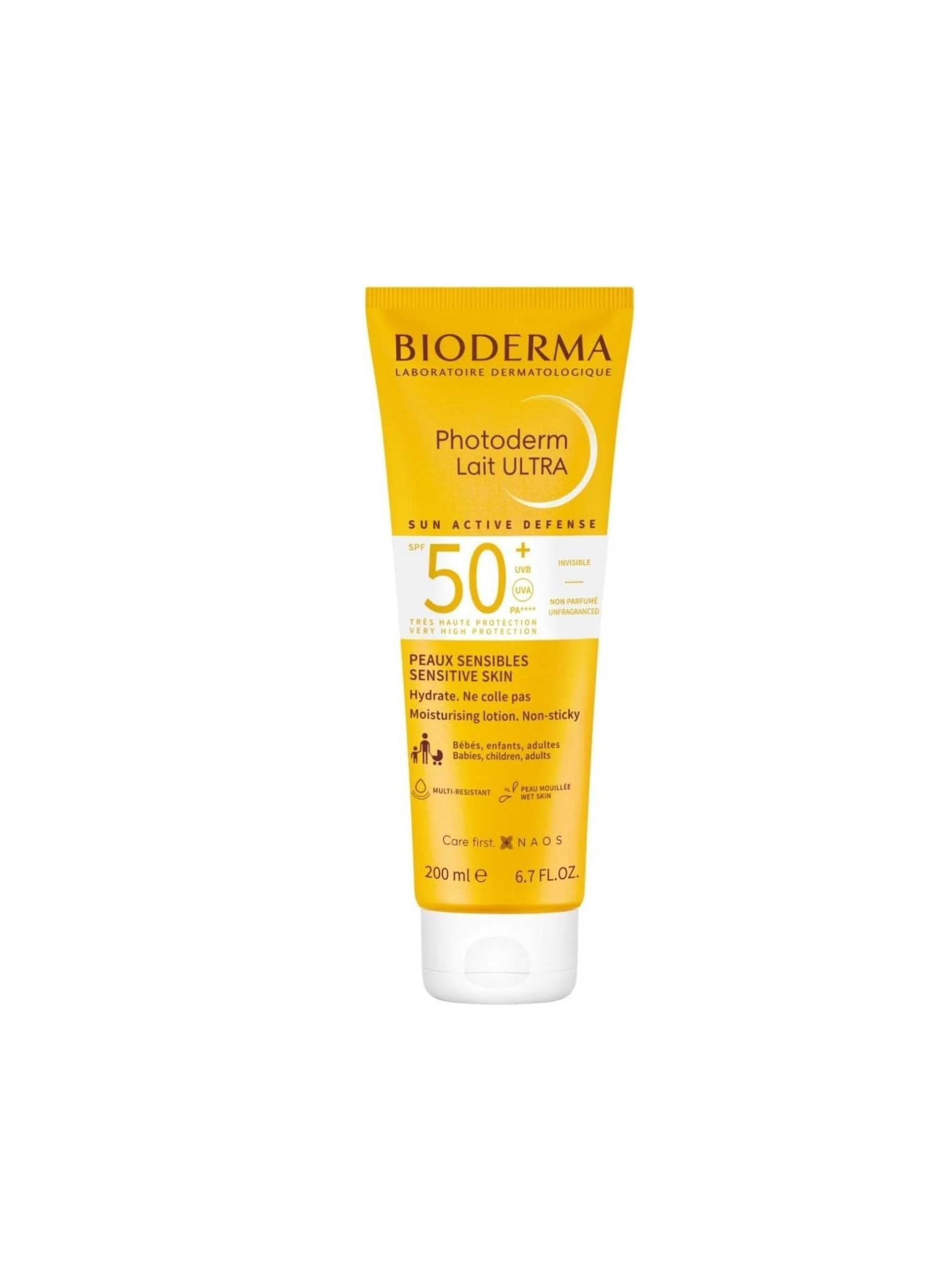 لوسیون ضد آفتاب بی رنگ خانواده بایودرما مرطوب کننده و آبرسان انواع پوست حساس 200میل SPF50