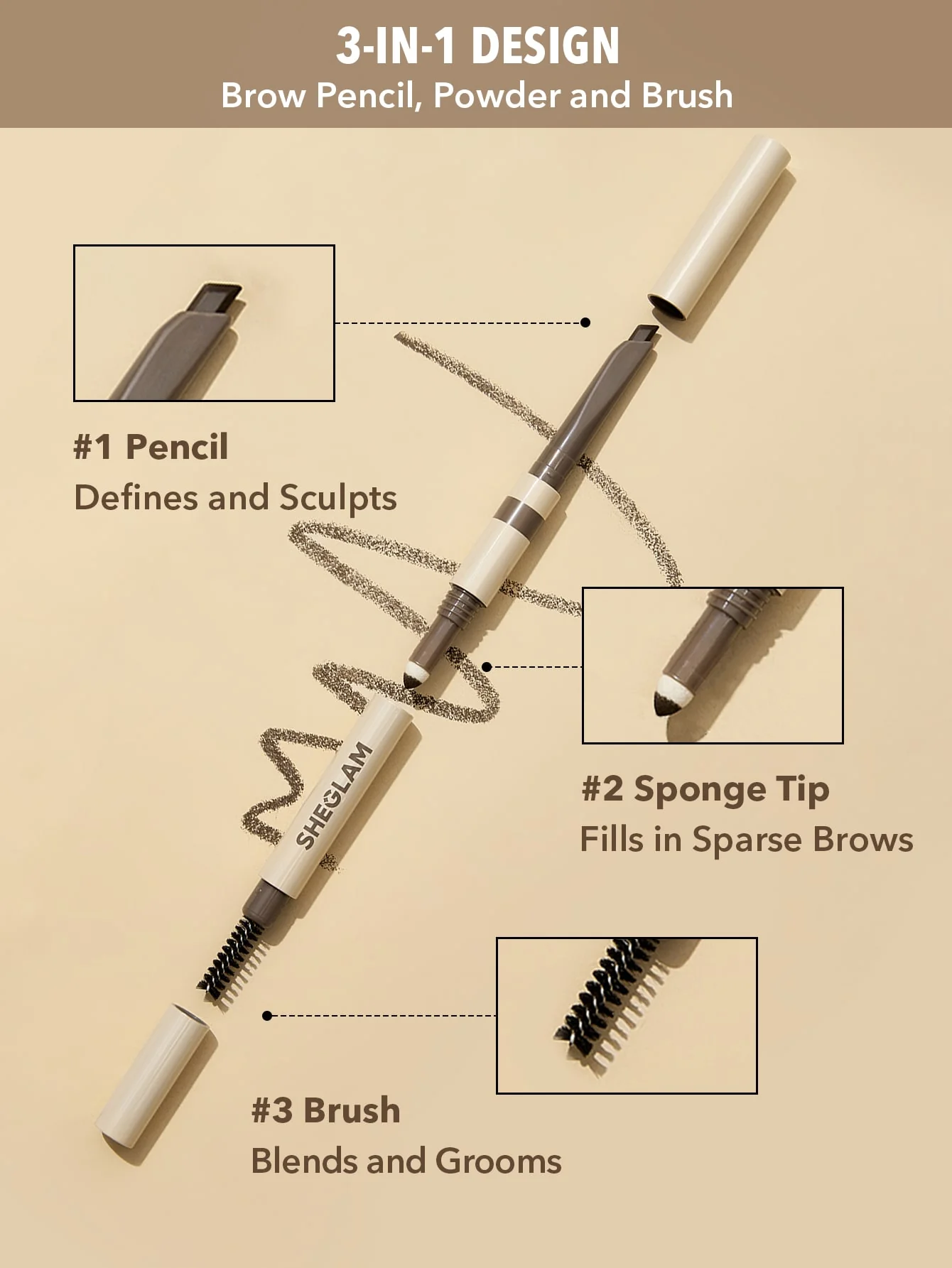 مداد ابرو سه کاره شیگلم SHEGLAM 3-in-1 Eyebrow Pencil