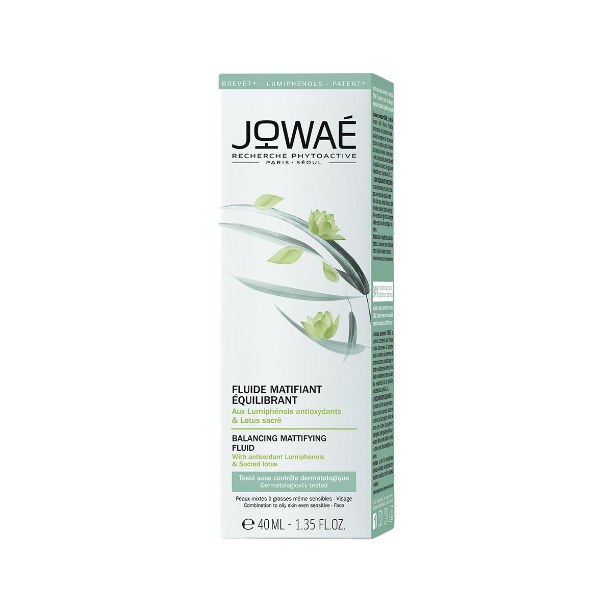 فلوئید مایع مات و متعادل کننده چربی صورت JOWAE جوائی فرانسه مرطوب کننده قوی پوست چرب 95% گیاهی 40میل