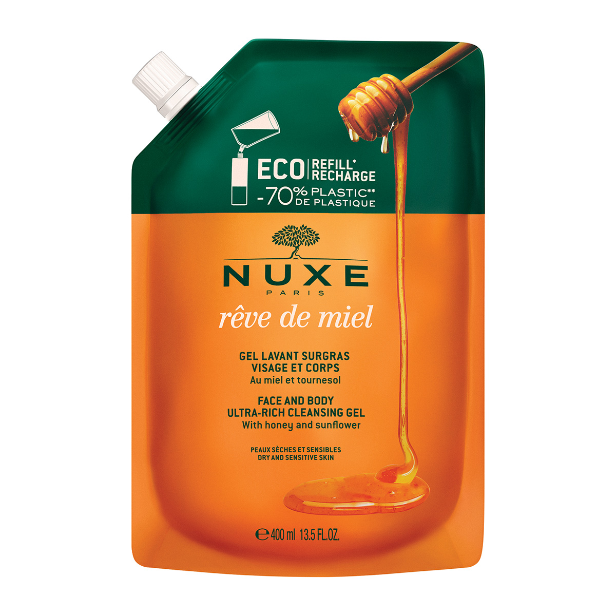 ژل شوینده صورت و بدن نوکس حاوی عسل روغن آفتابگردان مناسب پوست های خشک و خشن nuxe reve de miel (کد5371)
