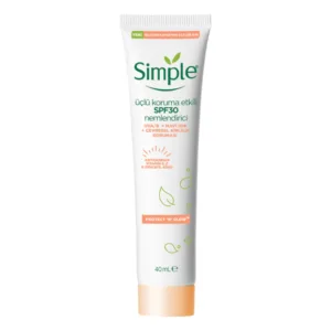 ضد آفتاب مرطوب کننده ضد پیری ضد لک سیمپل با محافظت سه گانه SPF30  Simple  Protect  and Glow Nemlendirici