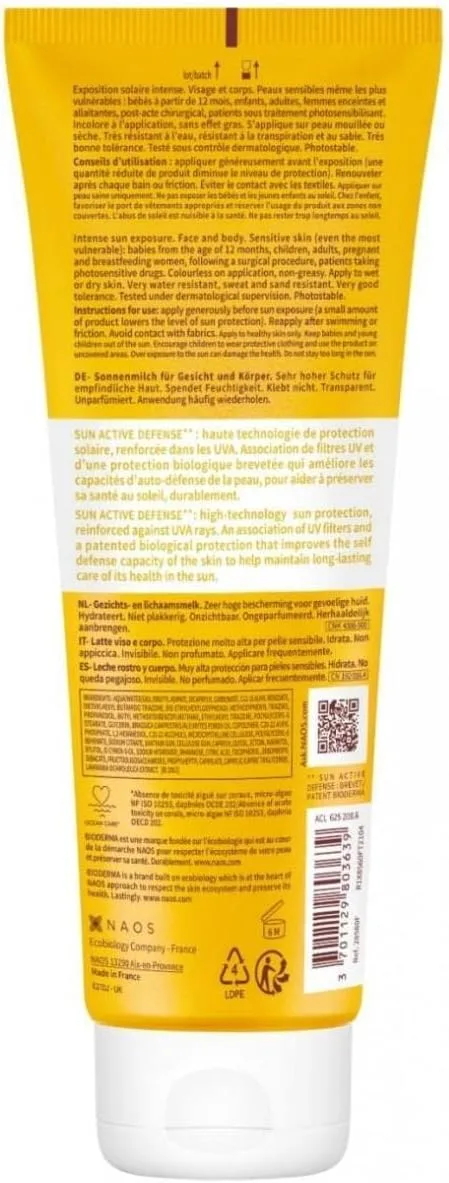 لوسیون ضد آفتاب بی رنگ خانواده بایودرما مرطوب کننده و آبرسان انواع پوست حساس 200میل SPF50