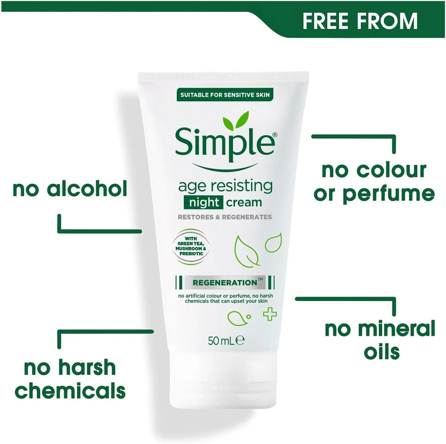 کرم شب تیوپی ضد پیری سیمپل مرطوب کننده حاوی چای سبز انواع پوست حساس 50میل